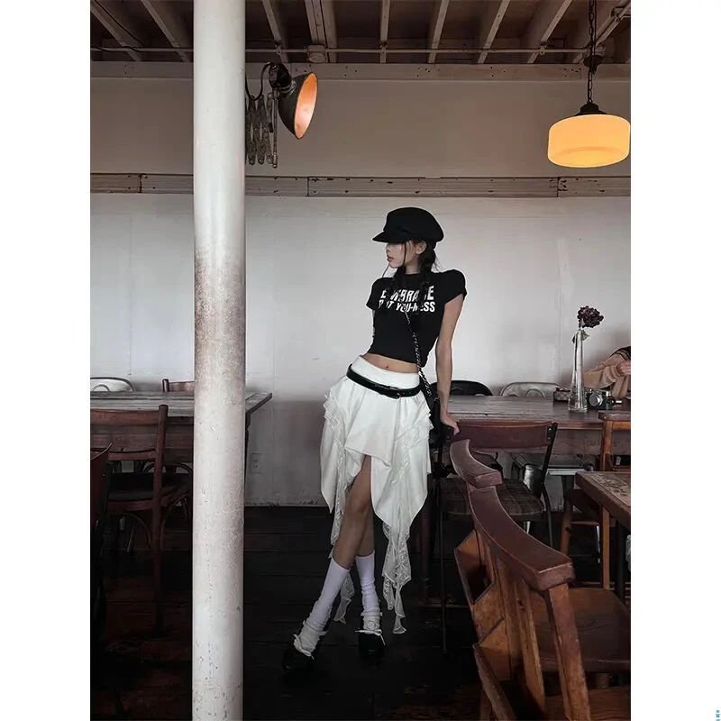 网红洋气炸街女装夏季美式印花圆领短款上衣高腰不规则百搭半身裙