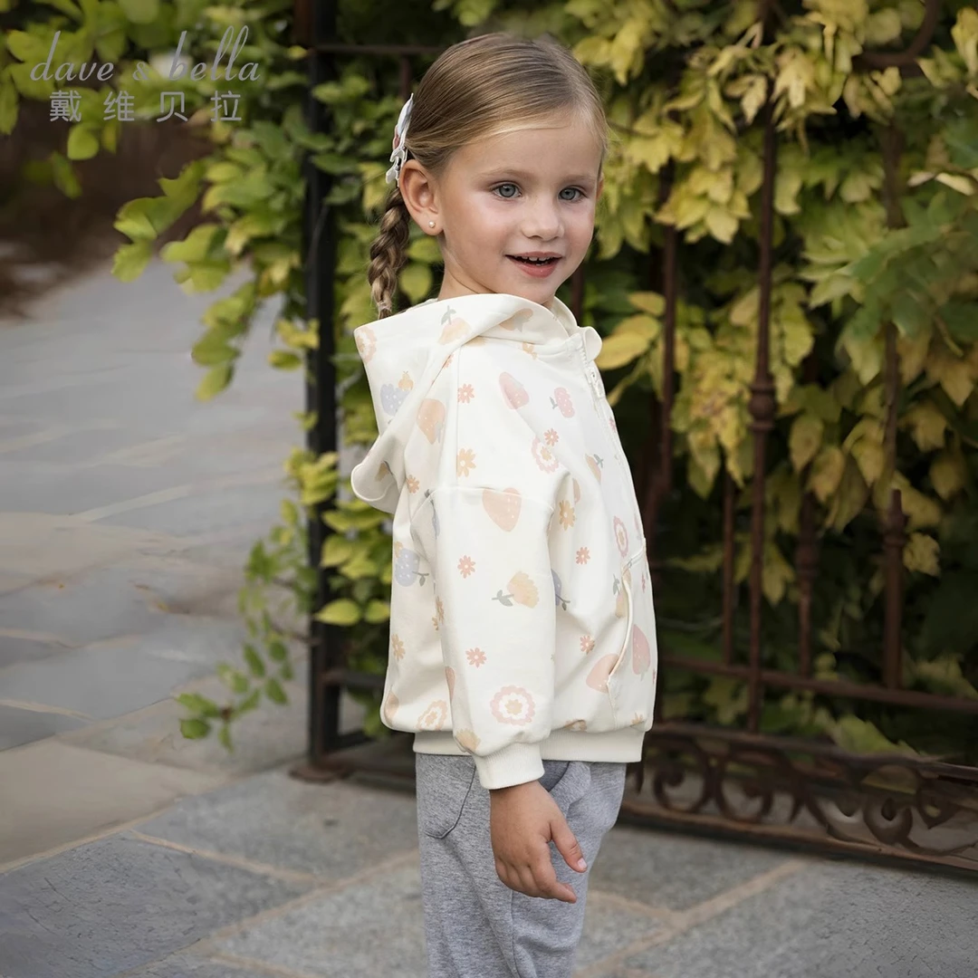 戴维贝拉女童外套宝宝印花上衣2025秋装新款儿童连帽上衣洋气童装