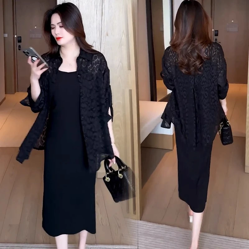 时尚连衣裙套装女2025春夏新款洋气显瘦防晒衬衫搭配吊带裙两件套