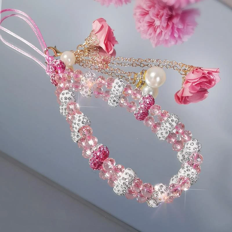 手机挂绳水晶链珠子纯手工编织手机壳吊坠水钻女挂件短款手腕防丢