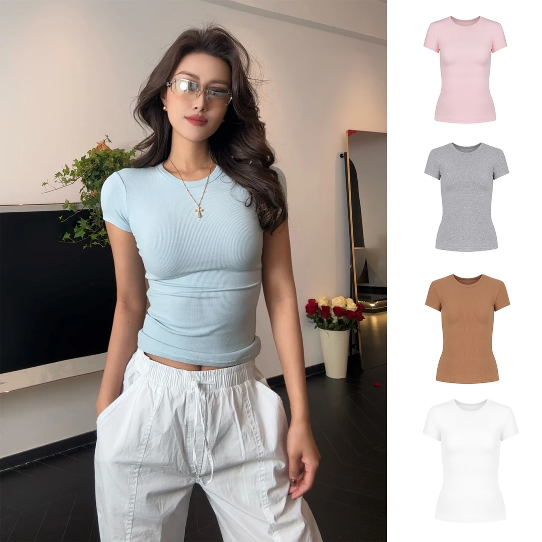 【Aliu自制】skims螺纹感短袖t恤性感修身圆领卡戴珊同款打底2025夏