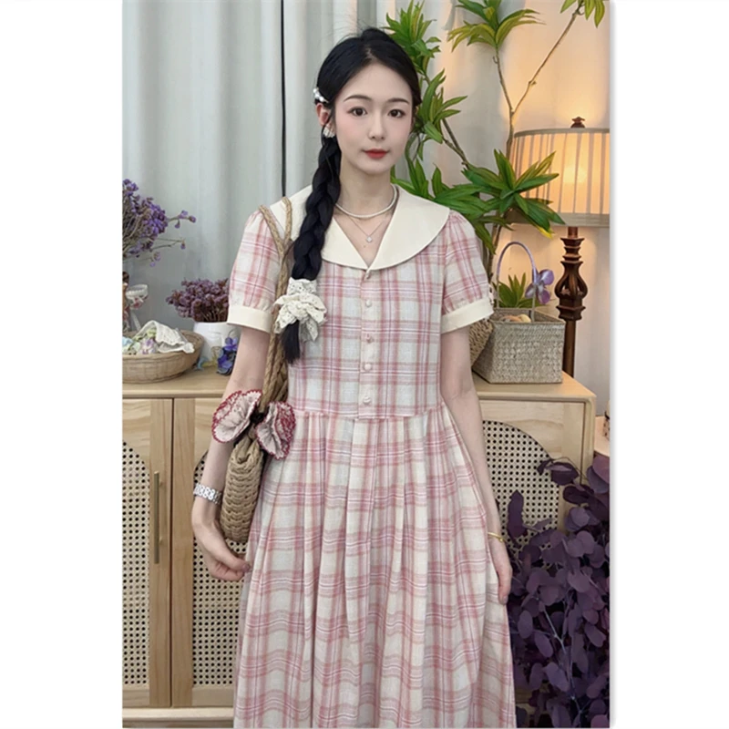大乔【芳华】纯棉短袖条纹格子连衣裙夏季长裙娃娃领裙时尚收腰