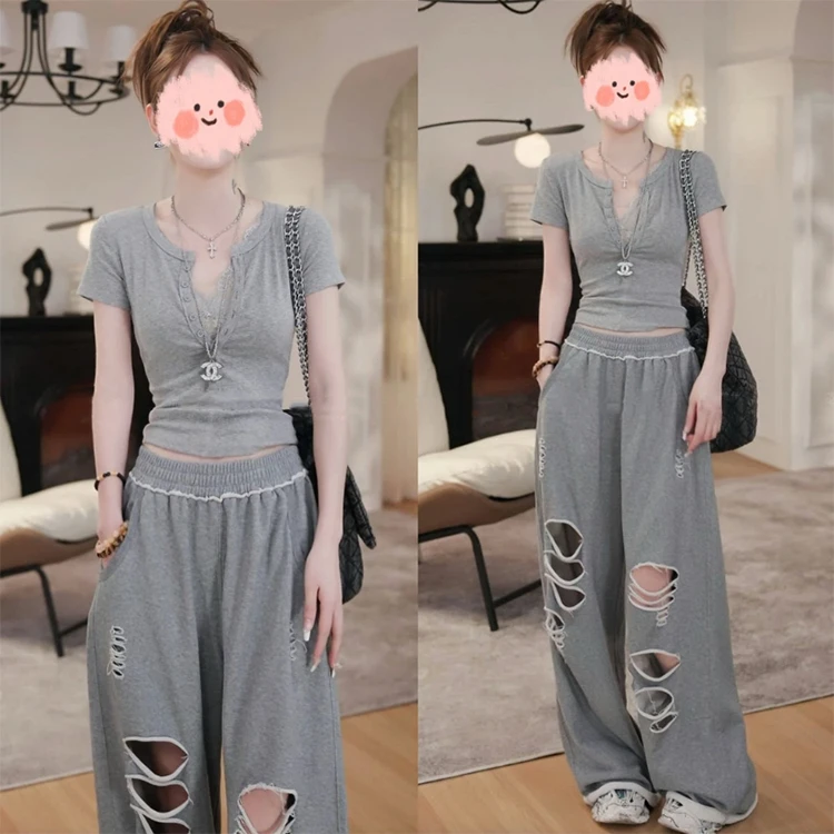 2025夏季显瘦假两件蕾丝拼接短袖T恤+破洞阔腿裤套装女洋气休闲装