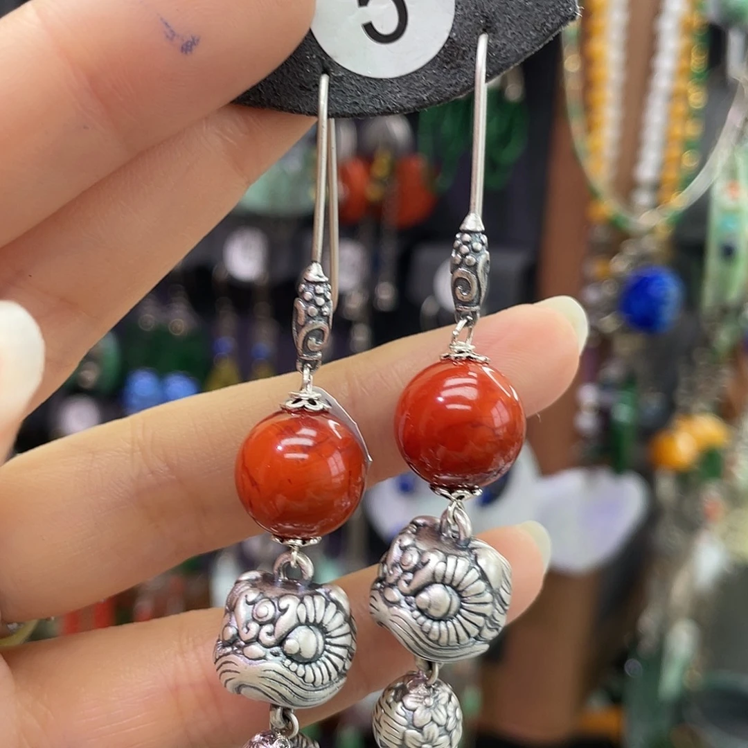 风***铃南红玛瑙银S925镶嵌耳饰812hnbh