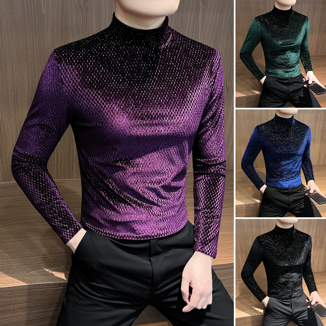 秋冬款金丝绒2025流行男款长袖T恤半高领潮流男装银丝男士打底衫
