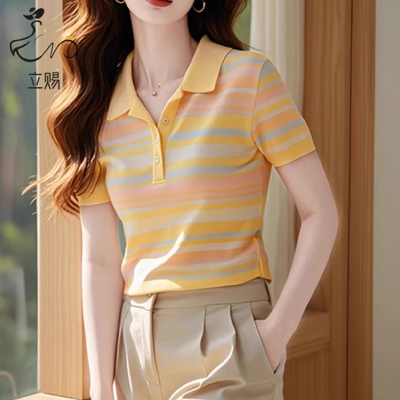 立赐轻奢洋气撞色半开扣套头短袖t恤衫2025夏季独特显瘦打底上衣