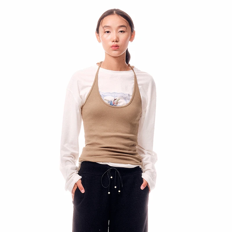 【shao xii】noundnound串珠装饰抽褶肩带U领吊带背心女25春夏新款