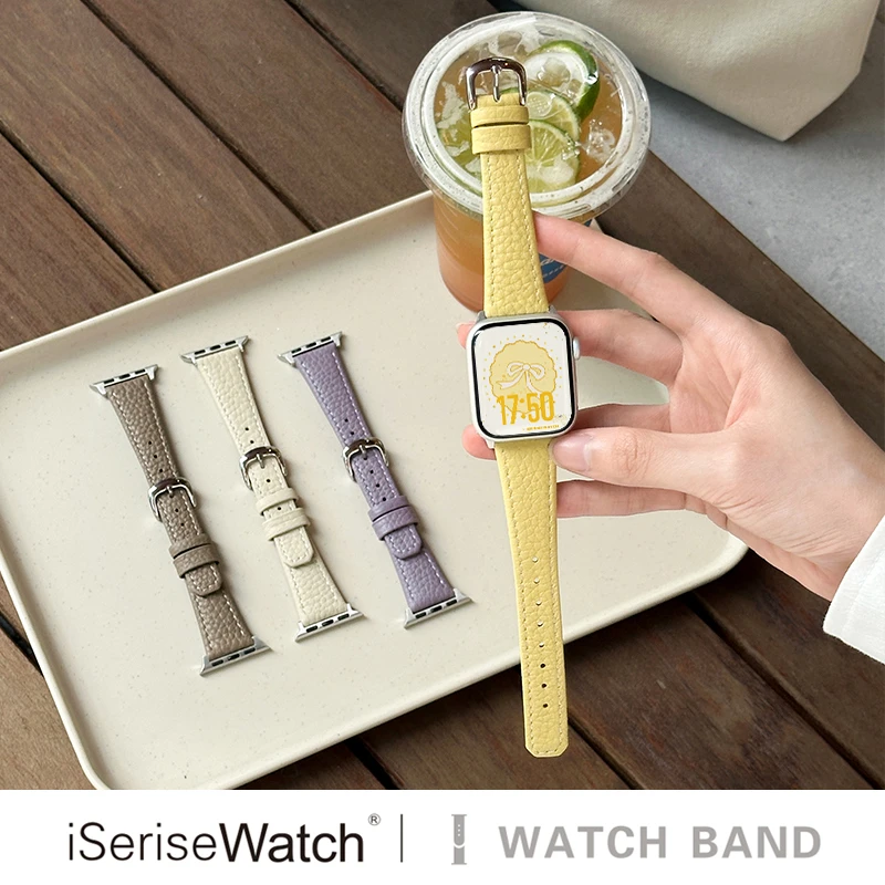 iserisewatch适用iWatchs11表带苹果手表荔枝纹透气女款多巴胺