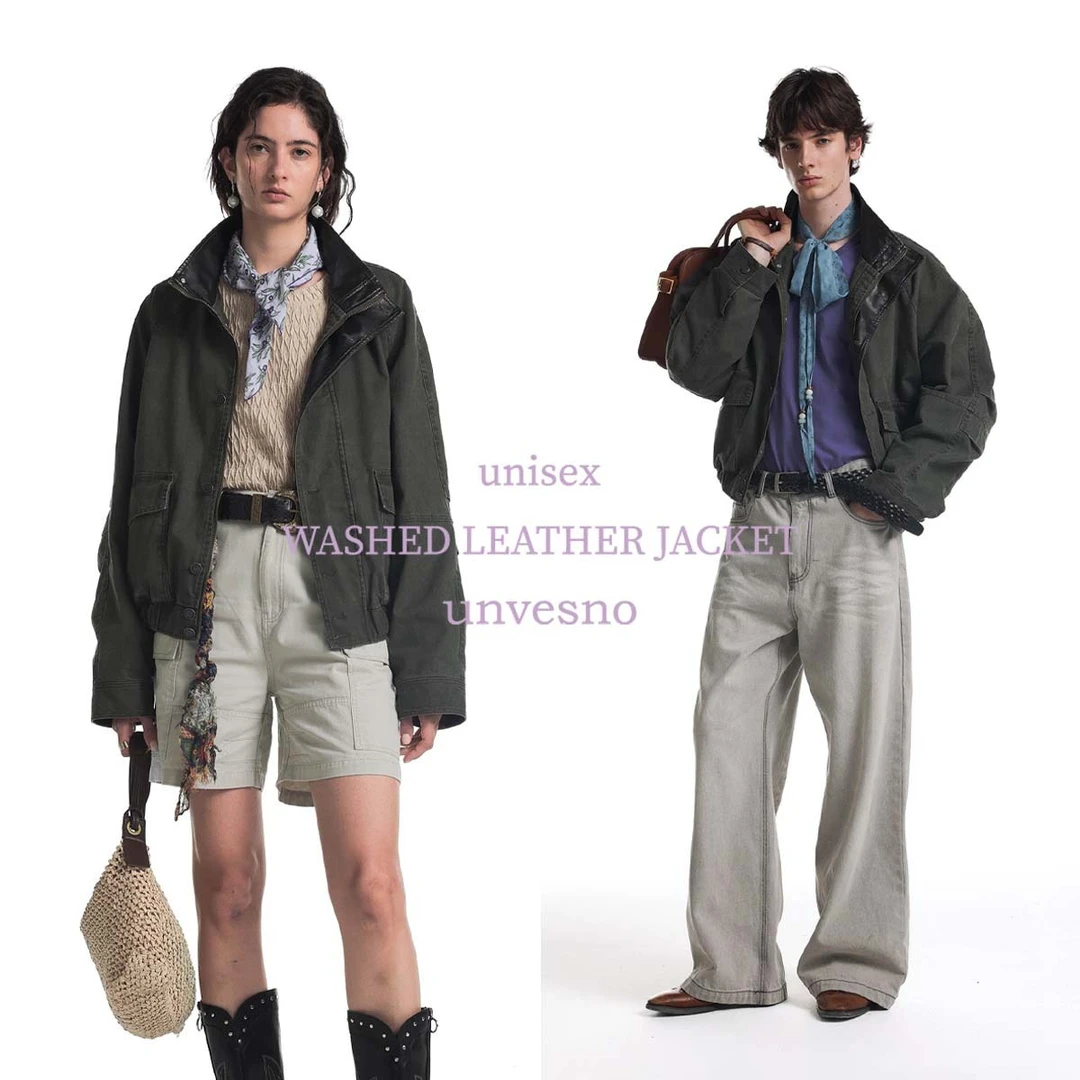 Unvesno(UN)【早秋好物】苍山绿中古皮领洗褪流光风短廓型飞行外套