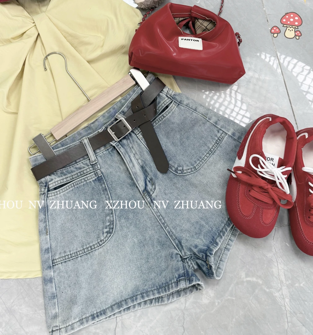 【送腰带】高腰a字宽松阔腿显瘦时尚牛仔短裤女百搭设计感2025夏季