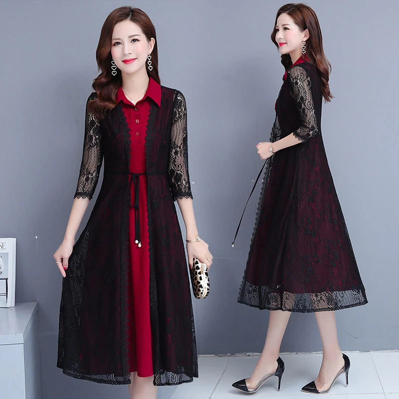 蕾丝开衫防晒两件套连衣裙2025夏季新款气质高贵妈妈衬衫裙子套装