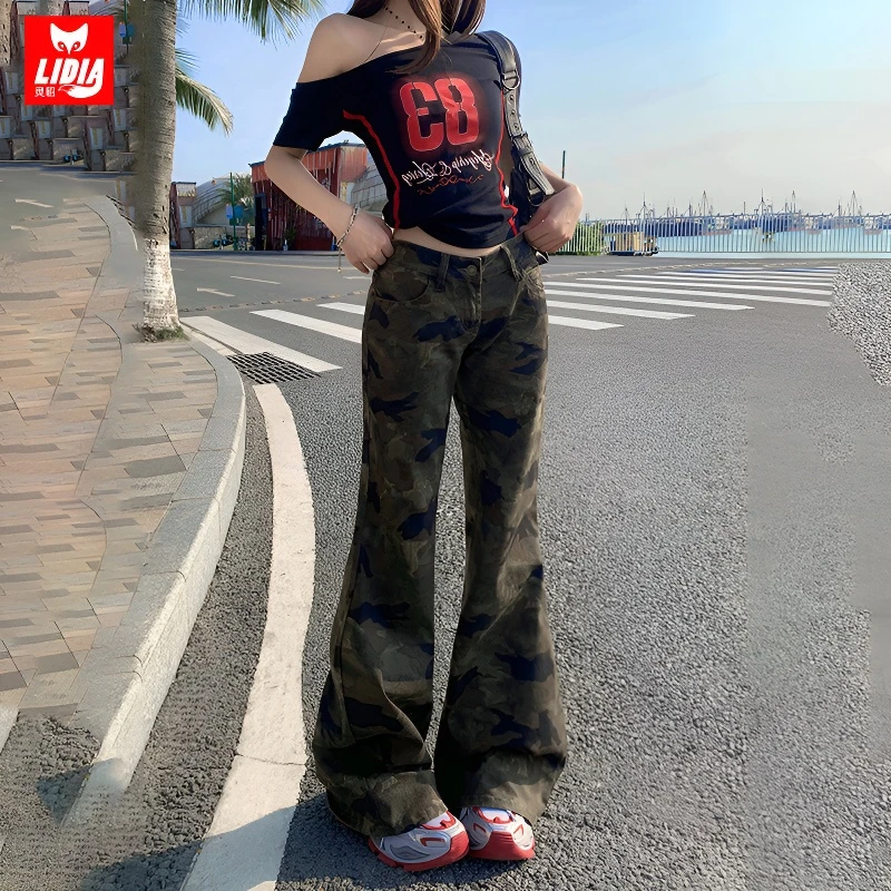 美式复古辣妹迷彩低腰微喇叭裤牛仔裤女士修身显瘦网红拖地长裤子