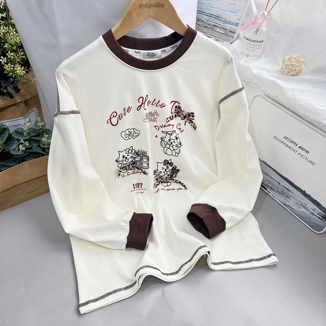 泡泡噜童装儿童长袖T恤衫小猫豹纹蝴蝶结