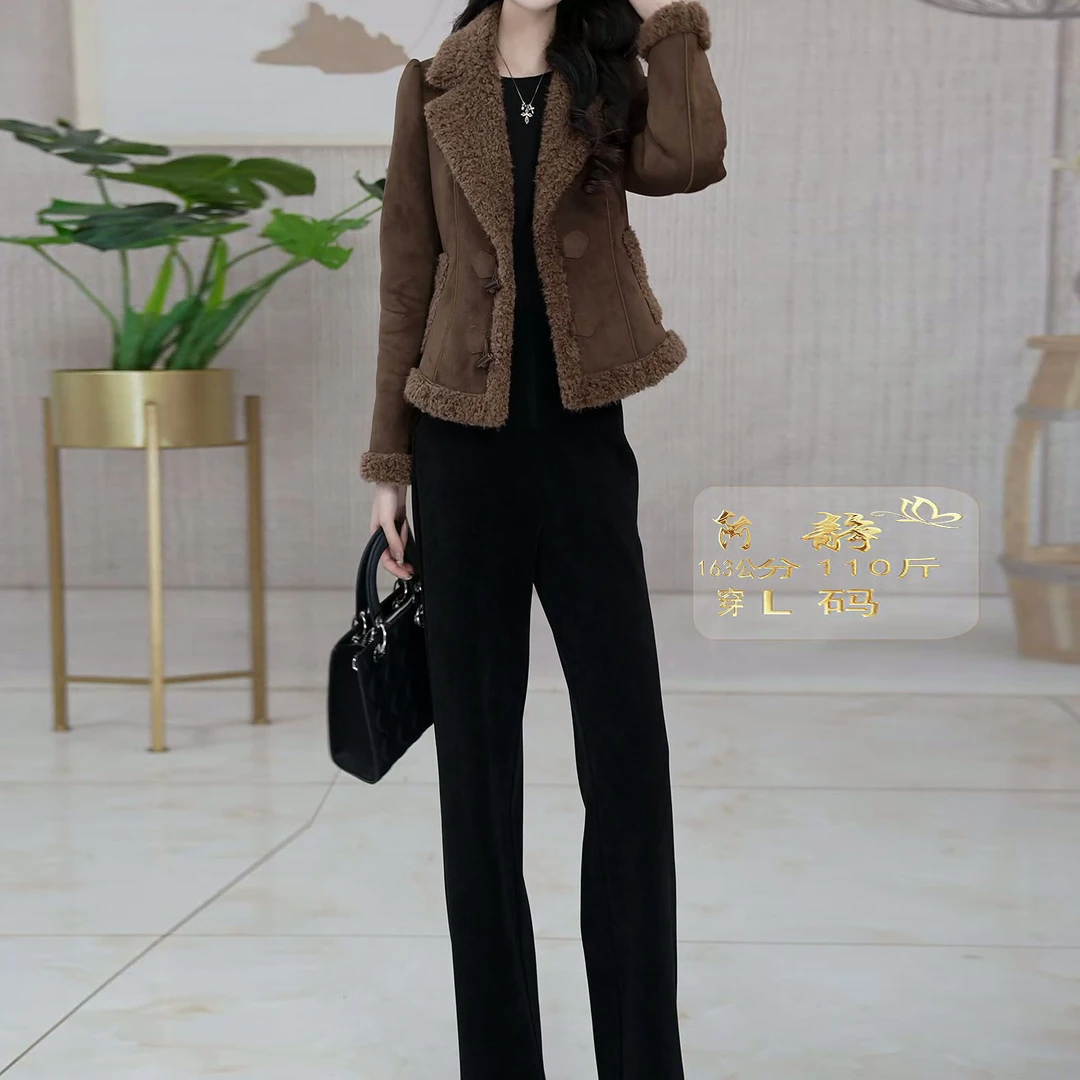 植绒皮2025秋冬新款时尚优雅知性干练修身显瘦外套长裤气质套装