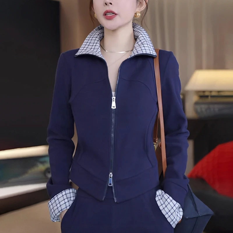 2025秋季新款女卫衣拉链外套高领格子拼接短款修身显瘦减龄上衣