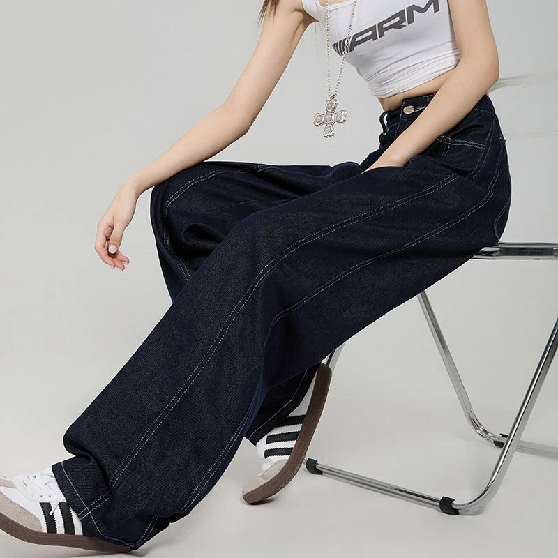 深蓝防褪色莱赛尔天丝2025秋季爆款美式复古宽松阔腿拖地牛仔裤