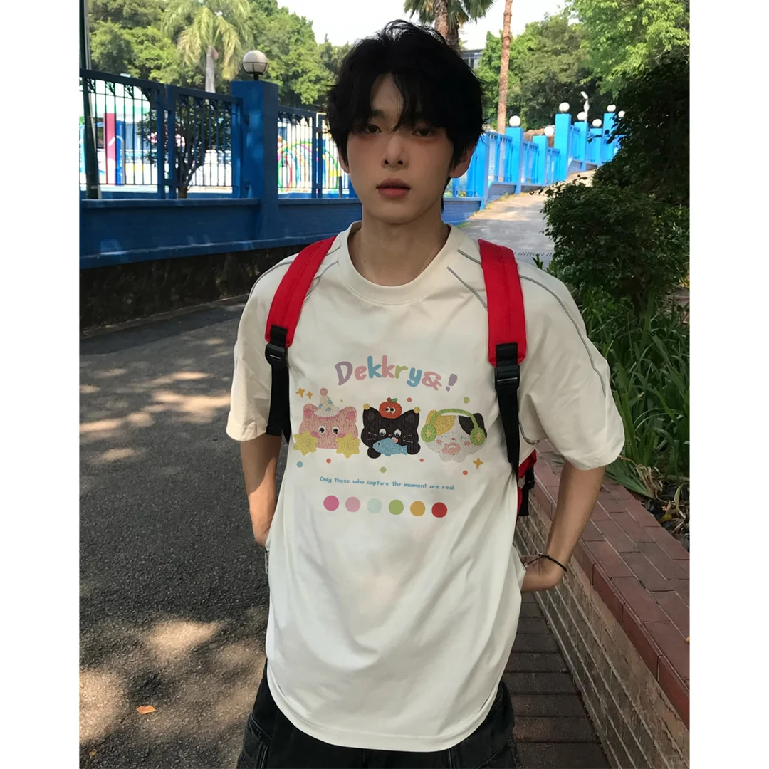 100%纯棉创意小猫仿刺绣印花拼接短袖T恤男女夏季休闲情侣款上衣