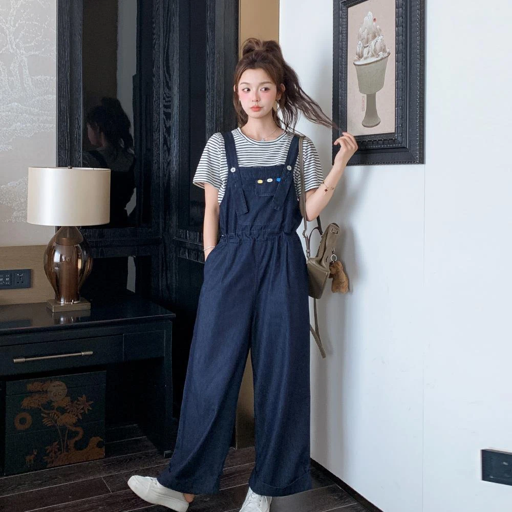 韩版休闲学院风牛仔背带裤套装女2025夏新款条纹短袖阔腿裤两件套