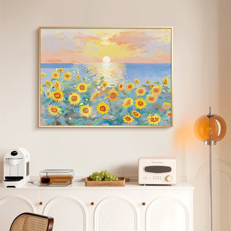 治愈系向日葵餐厅装饰画奶油风客厅背景墙挂画花卉艺术卧室壁画