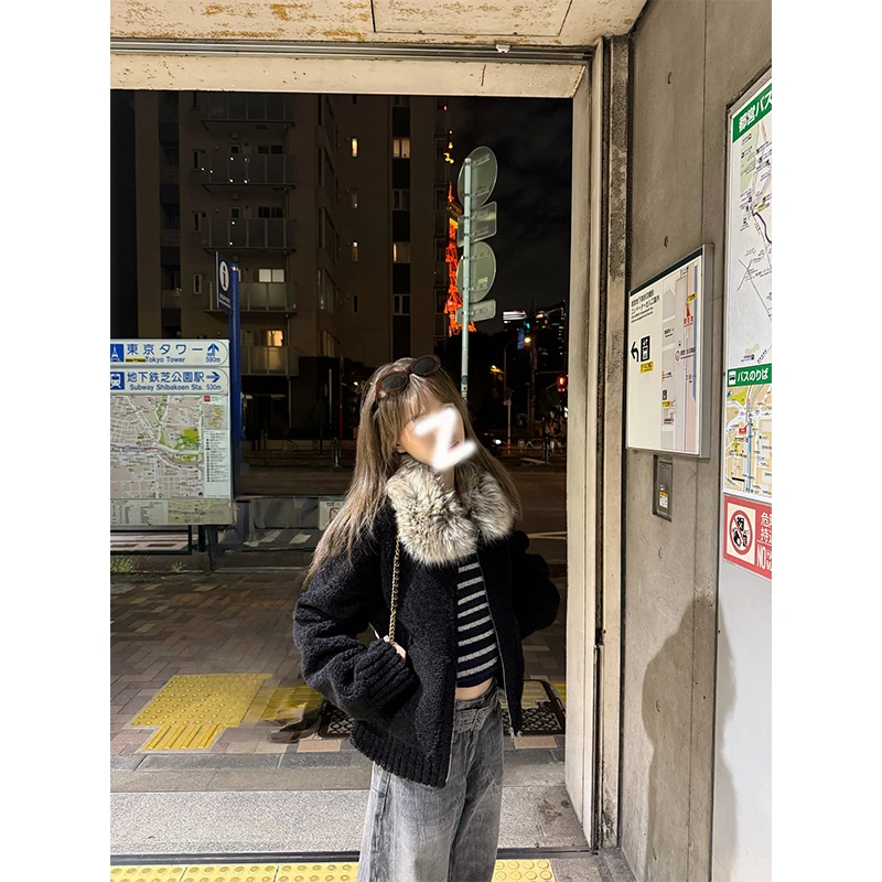 秋冬新款时尚洋气定染毛领小颗粒皮毛一体外套女保暖长袖毛毛上衣