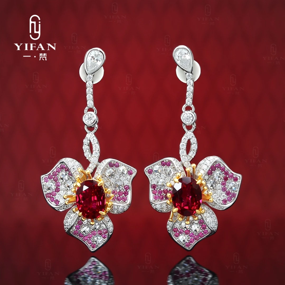 925银合成锆石耳饰 3019-中国红椭圆三瓣花耳环女款花朵红色耳环