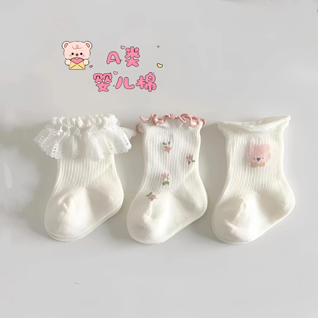 婴儿袜子蕾丝花边公主袜春秋透气薄款木耳边中筒袜0-3胎袜小袜