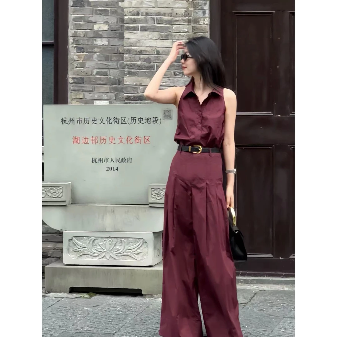 高级感冷淡风法式领无袖衬衫高腰气质阔腿裤时尚洋气套装