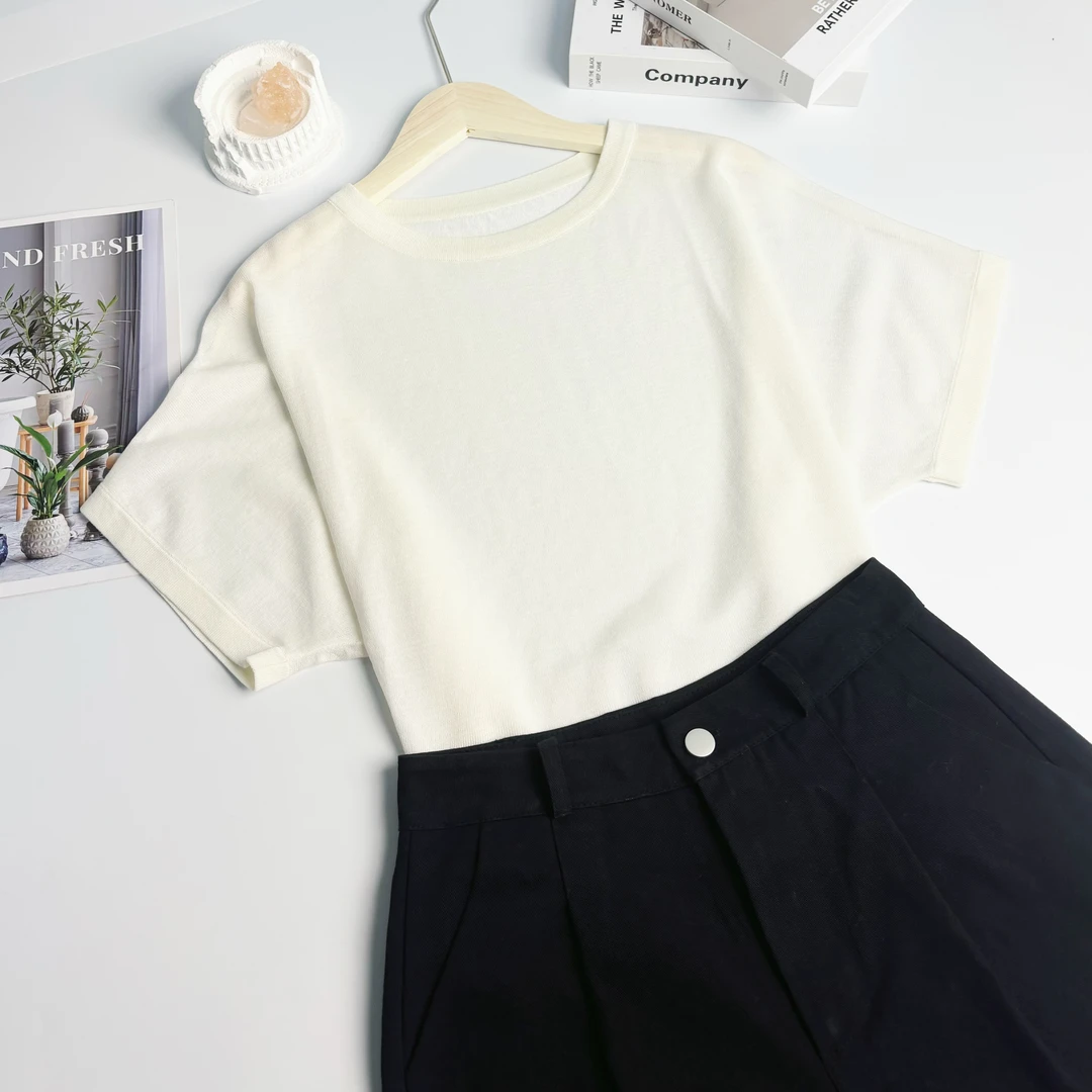 新新定制-纯色设计感后背纽扣蝙蝠袖收下摆薄微透针织短袖157119