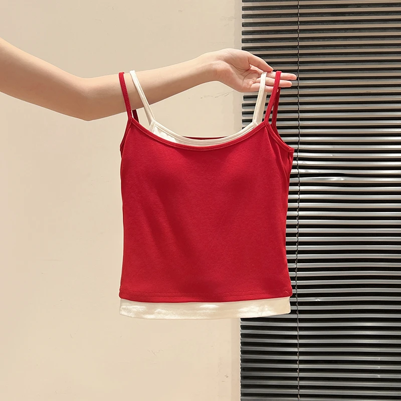 纯欲假两件撞色吊带带胸垫内穿背心女夏文胸一体修身短款甜辣上衣