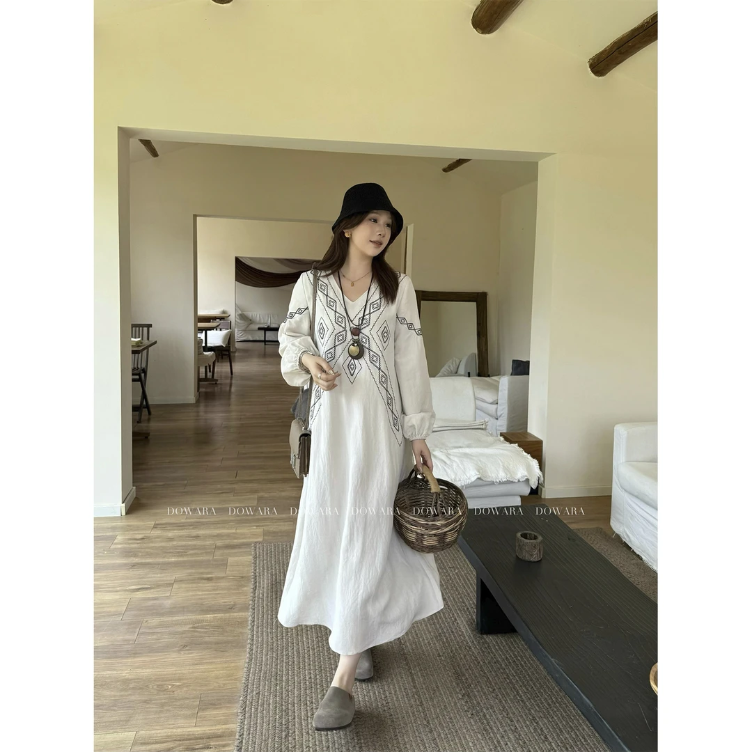 现货9870D大婉酱微胖定制【写意裙】莱赛尔亚麻V领连衣裙秋宽松长裙