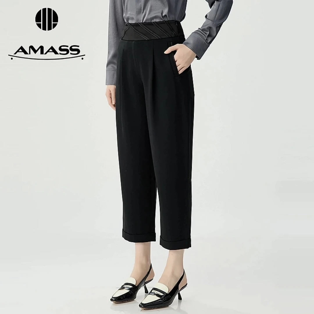 AMASS/阿玛施510005经典百搭优雅通勤质感宽腰头侧拉链设计烟管裤