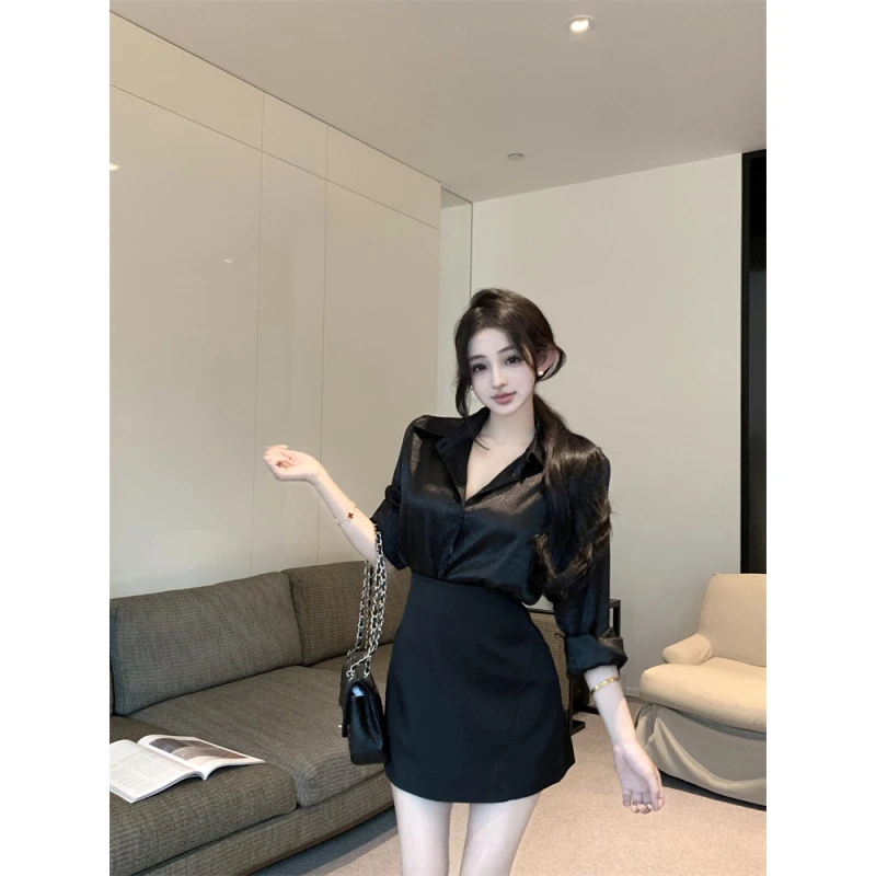 御姐职业套装女韩版长袖黑色衬衫一整套ootd穿搭新款秘书半身裙潮