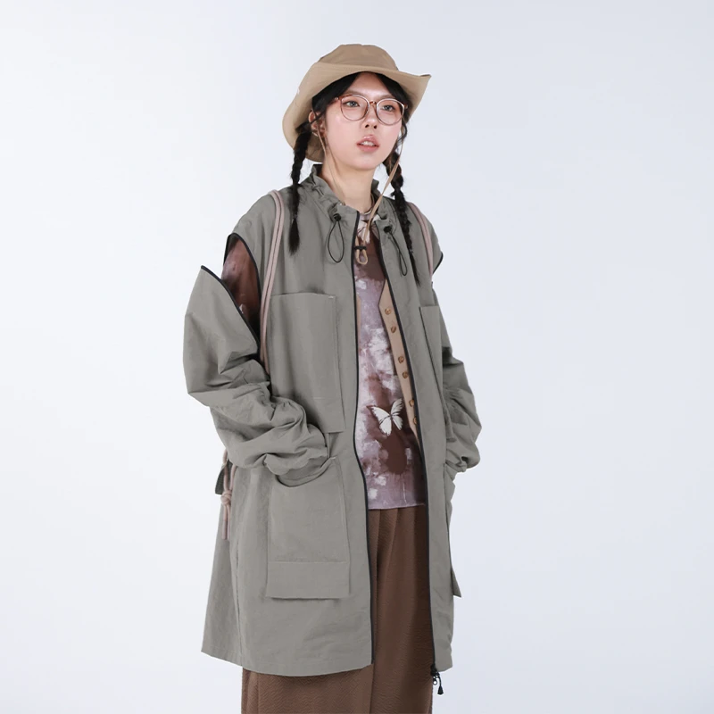 嬉游记原创2024秋新款可拆卸袖多穿立领外套女中长款摩登工装风衣