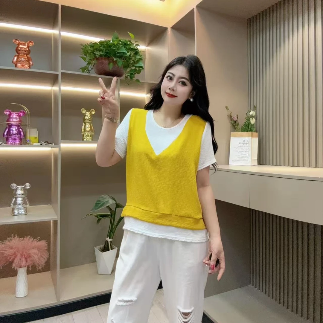 夏季半袖-双 7057时尚潮流假两件清凉透气显瘦款胖MM大码女装新款