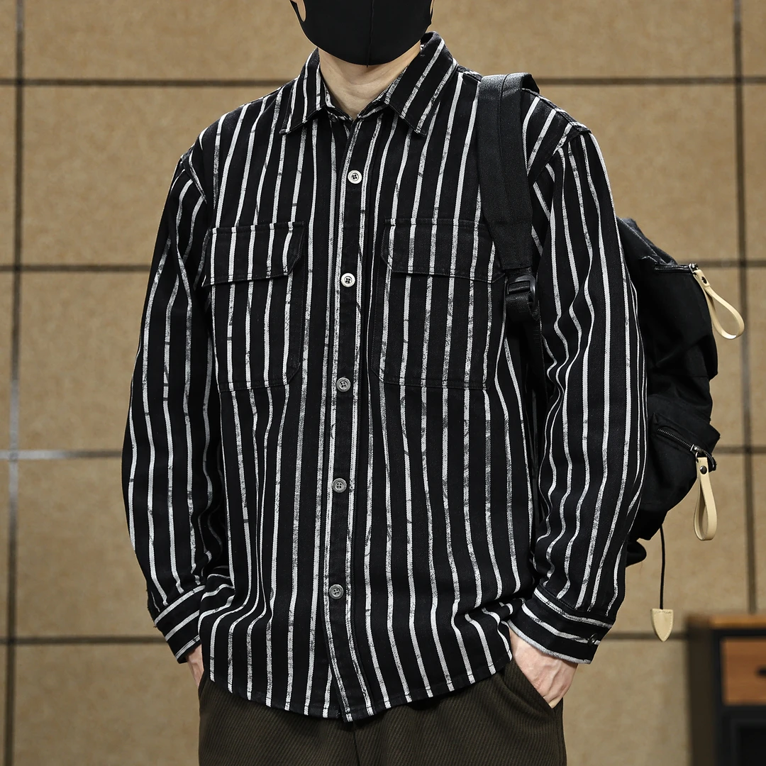 秋季美式休闲痞帅重磅黑色条纹工装衬衫男长袖宽松通勤衬衣外套潮