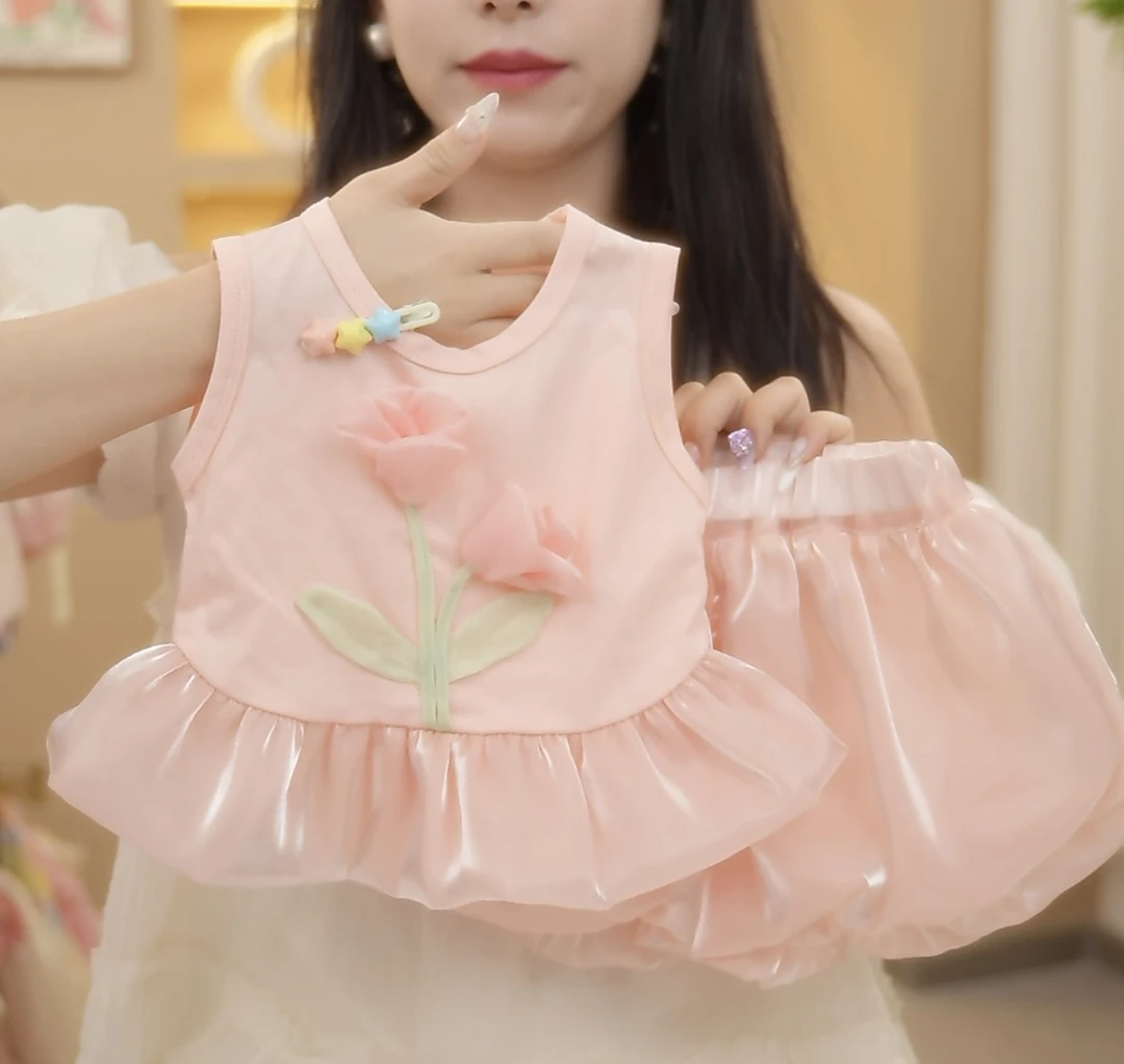 【花仙子】女童夏季套装两件套小童新款韩版上衣郁金香洋气花苞无袖