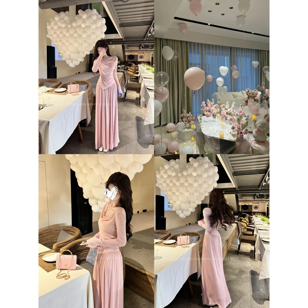 [破碎感女主] 夏季新款荡领上衣垂感半身裙温柔气质显瘦两件套装
