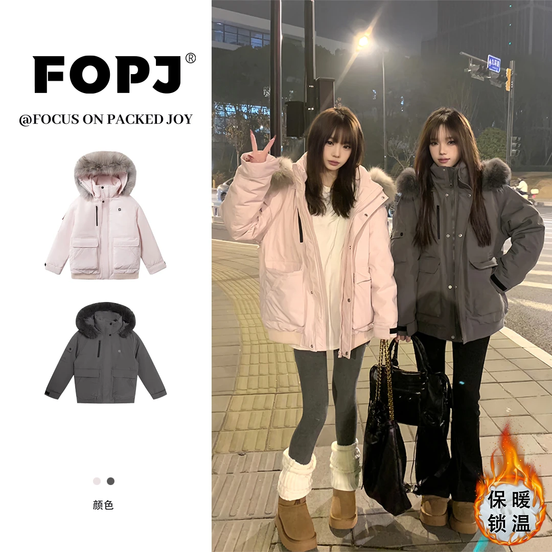 FOPJ韩版派克服大毛领短款棉服女甜美冬季网红款加厚保暖防风外套