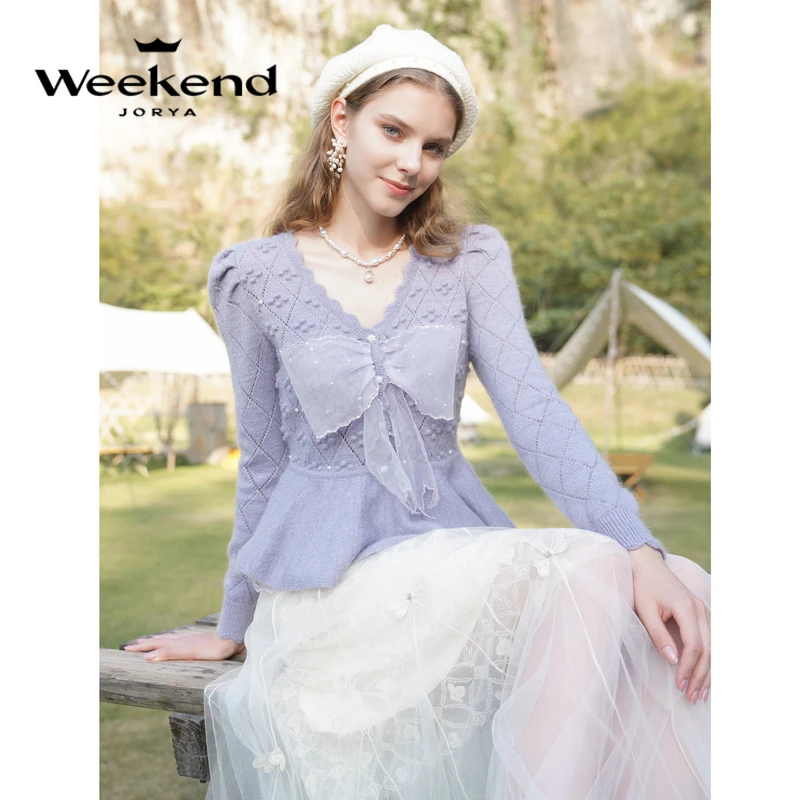 【诗语专属】卓雅周末蝴蝶结荷叶边毛衣千金针织衫EJWCDU54