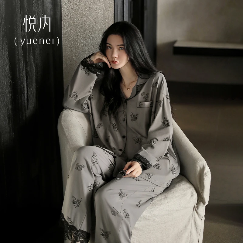 悦内睡衣女士秋季春秋款纯棉长袖家居服时尚复古优雅蝴蝶休闲开衫