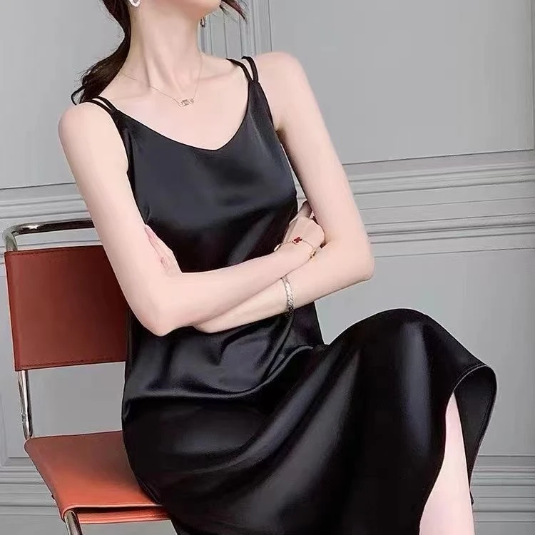 【摇曳生姿】夏季新款醋酸缎面连衣裙显瘦遮肉A字裙时尚百搭吊带裙