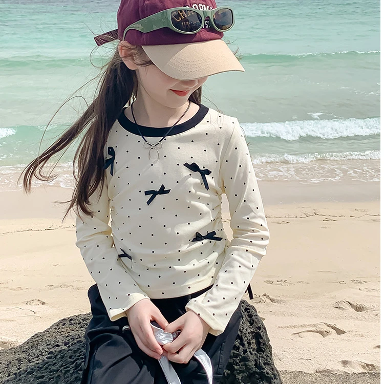 女童蝴蝶结长袖T恤时尚洋气女宝宝打底衫女孩春秋内搭套头上衣