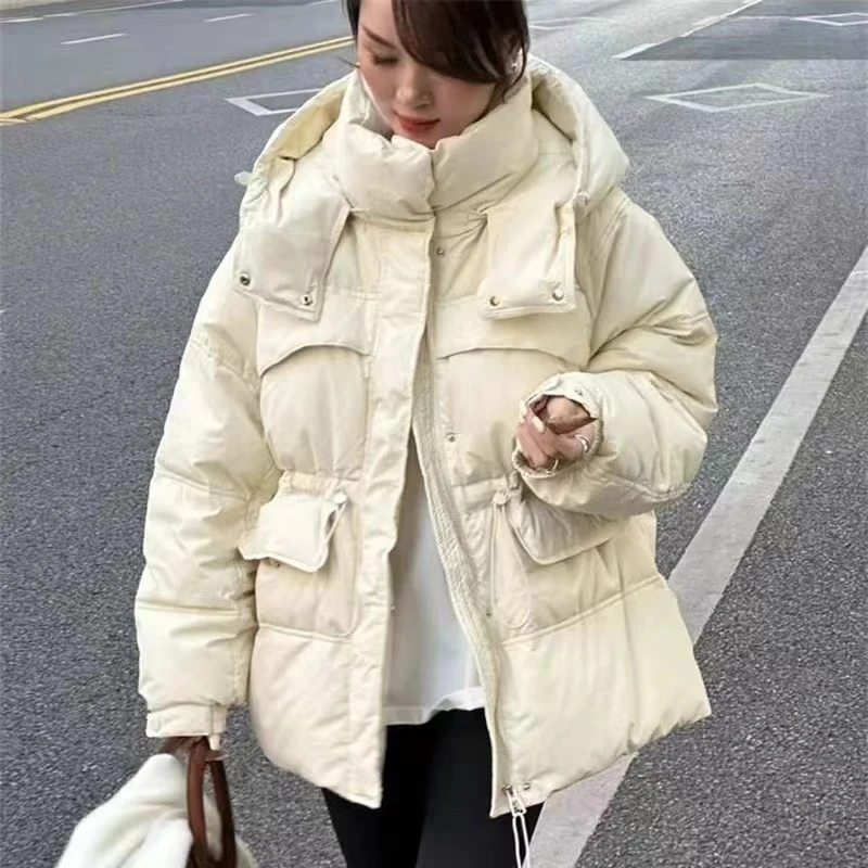 2024冬季新款时尚百搭连帽抽绳收腰大口袋羽绒服女装外套2332