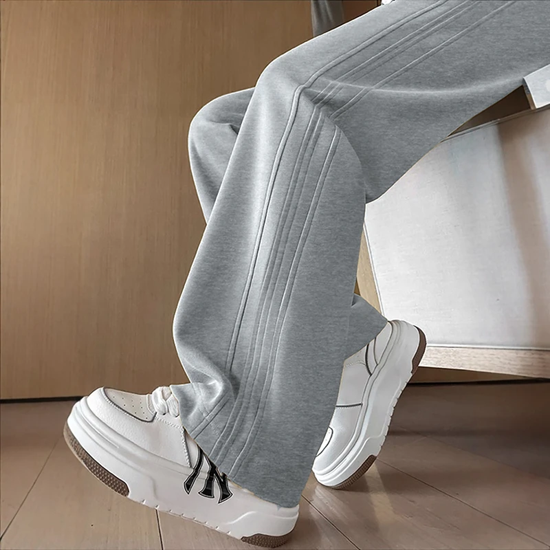 美式高街灰色杠条卫裤女秋冬百搭宽松阔腿裤显瘦休闲弯刀裤运动裤