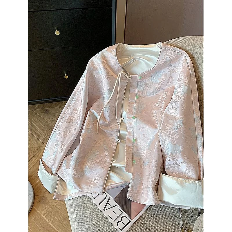 茱萸粉新中式提花圆领短外套女春季年国风高级感改良唐装上衣