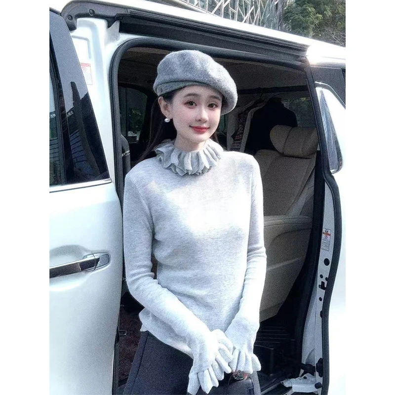 小香风内搭绝美荷叶边针织衫女春秋季短款修身设计感小众打底上衣