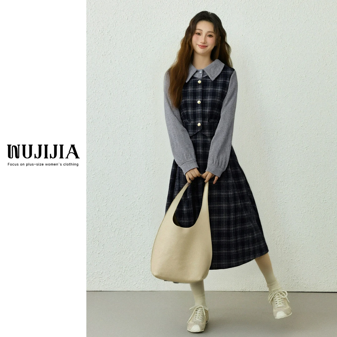 藏青拼灰色连衣裙ZL114217