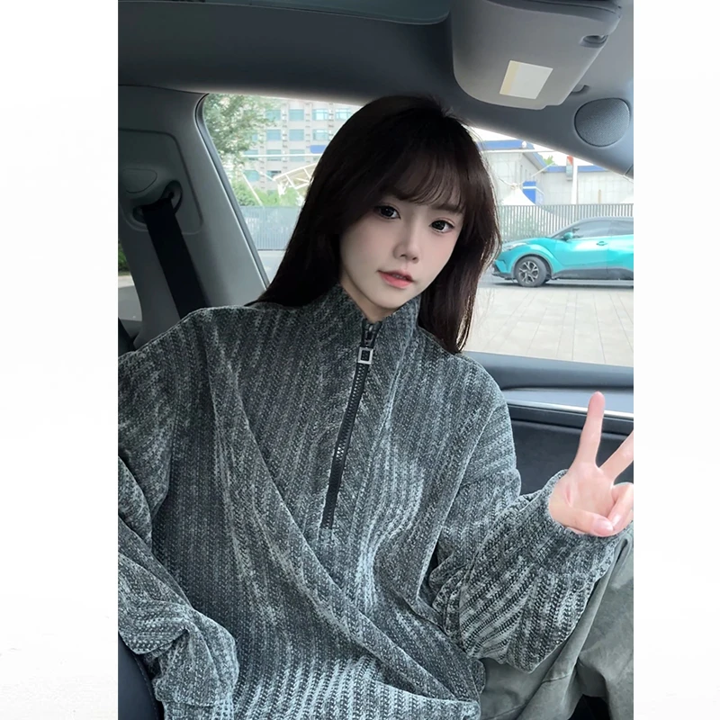 半拉链立领卫衣男中性风美式秋季宽松鱼骨纹大码冬季重磅加绒外套