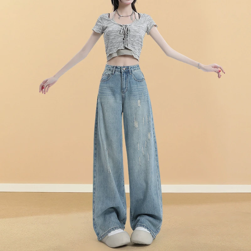 阔腿牛仔裤女春秋2025新款高腰显瘦破洞宽松遮肉垂感直筒拖地长裤