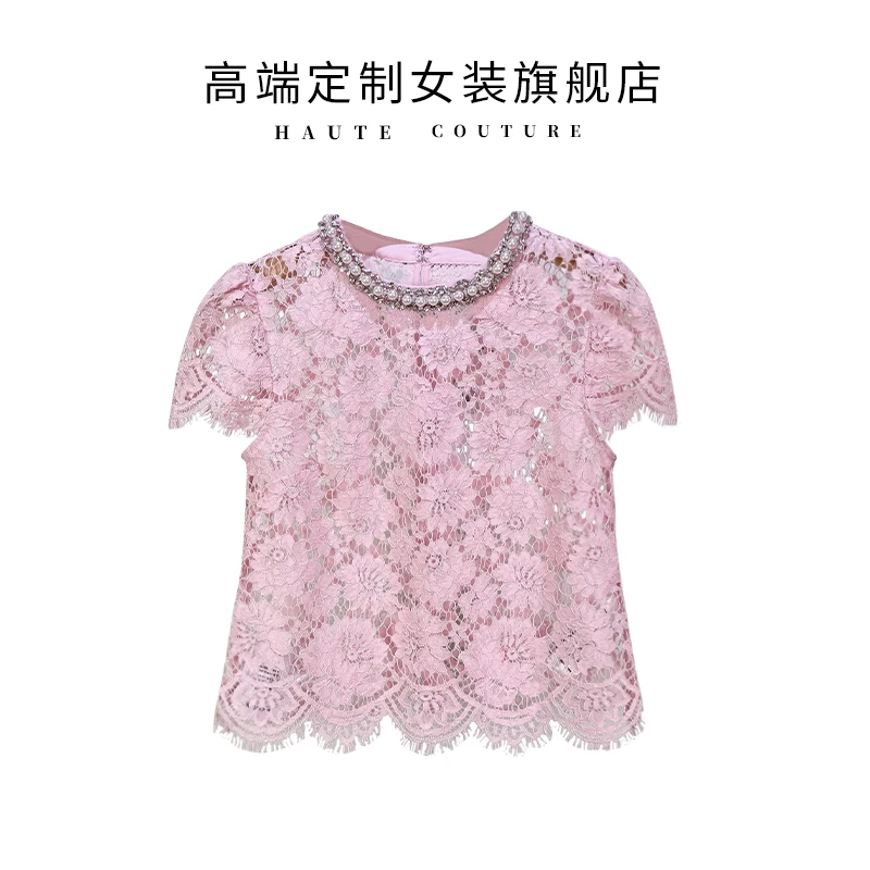 春夏2025法式女装粉色睫毛蕾丝珍珠装饰短袖圆领蕾丝衫短款上衣
